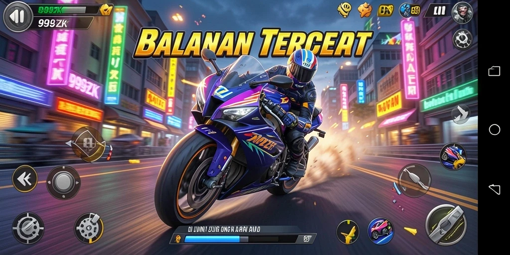 Gameplay seru dalam balapan motor 999ZK yang menegangkan.