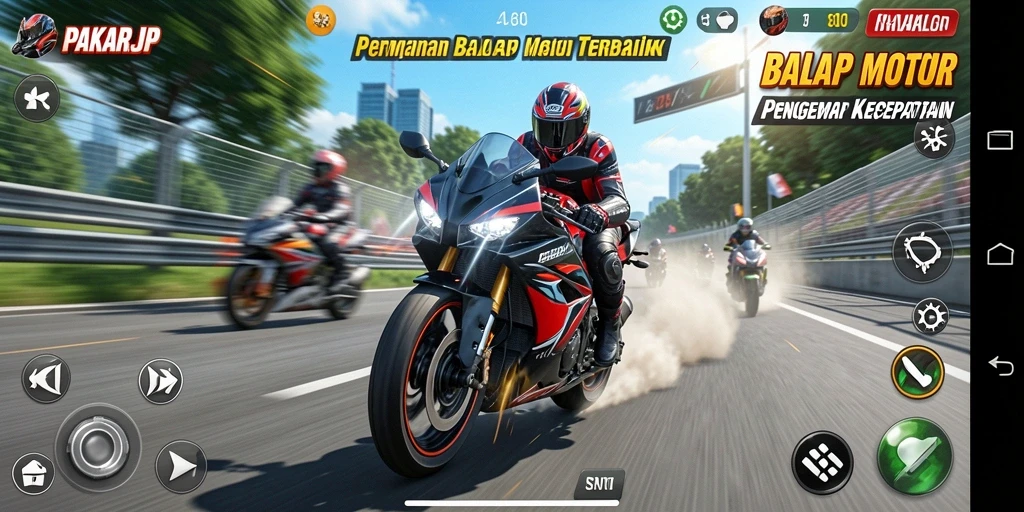 Tampilan gameplay PAKARJP dengan aksi balap motor yang intens.