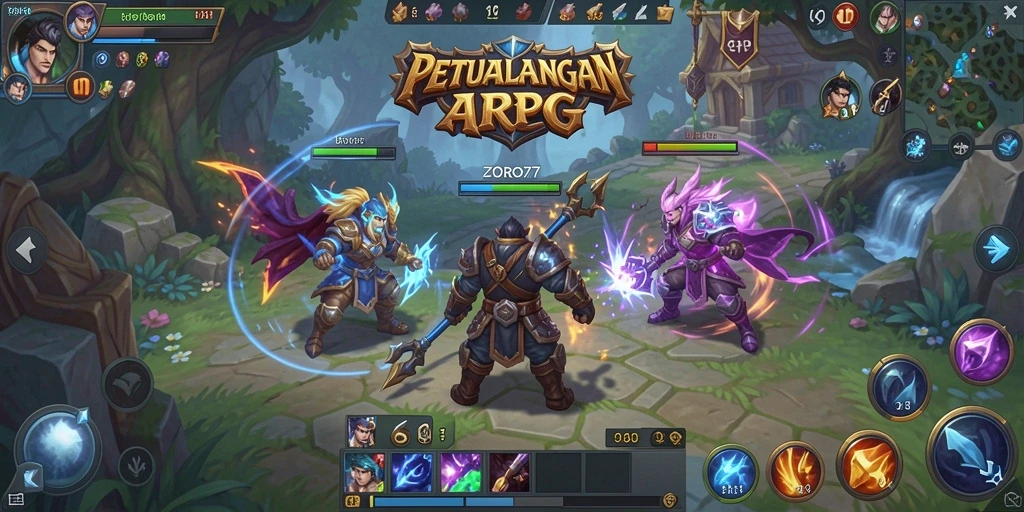 Tampilan gameplay seru dalam ZORO77 dengan pertarungan epik.